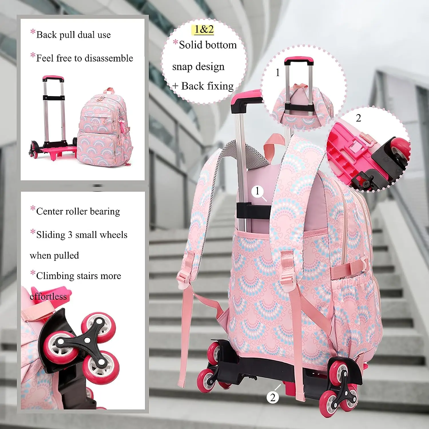Rolling School Bags for Girls, Mochila impermeável para crianças com rodas, Trolley Luggage Back Pack, Ensino médio