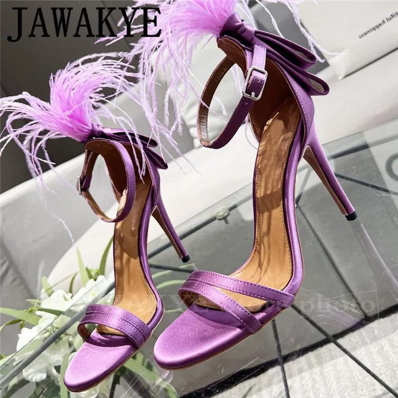 

Sexy Feather Sandals Summer High Heel Party Wedding Shoes Fluffy Runway T-show Satin Pumps Women Dress Sandals