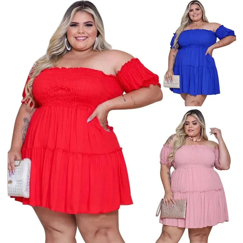 Mini vestido plissado fora do ombro feminino, vestidos casuais acima do joelho, monocromáticos, plus size, atacado, Dropshipping, verão, 2021