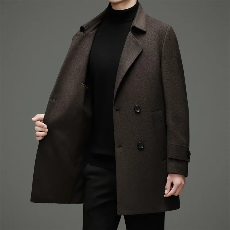 

Effortless Men Double-faced Wool Overcoat Soft Warm Essential Coats Down Vest Linning Attire Black Coffee Topcoat Old Money Look