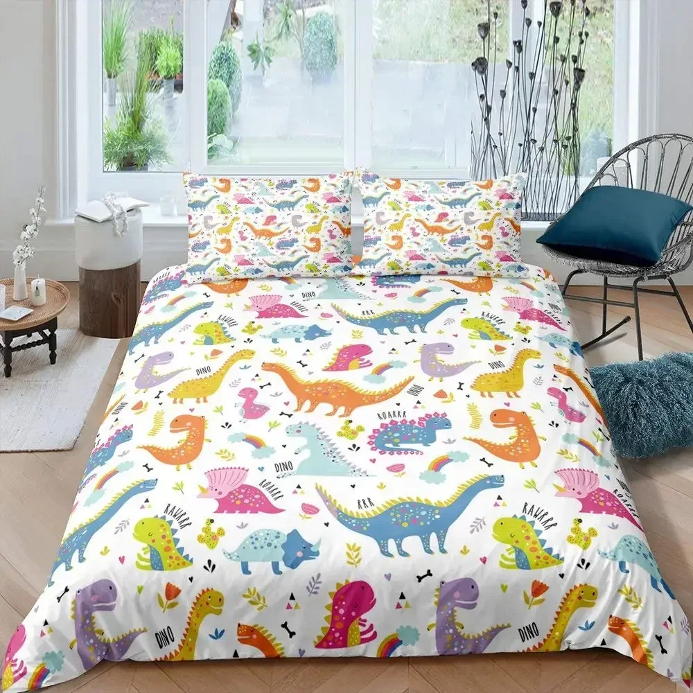 Bedding Set Cute Cartoon Dinosaur Pattern Duvet Cover for Boys Children Lovely Animal World Bedroom Decor Geometry Stripe