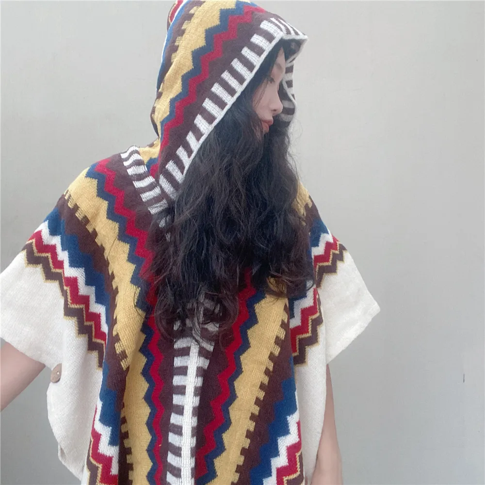 

WeHello-New Tassel Knitted Shawl Bohemian Hooded Cape with Contrast Ethnic Style European and American Women's Coat Scarf