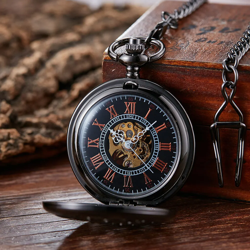 Vintage Black Mechanical Pocket Watches Mens Lucky Phoenix and Dragon Skeleton Pocket Watch Antique Roman Numerals