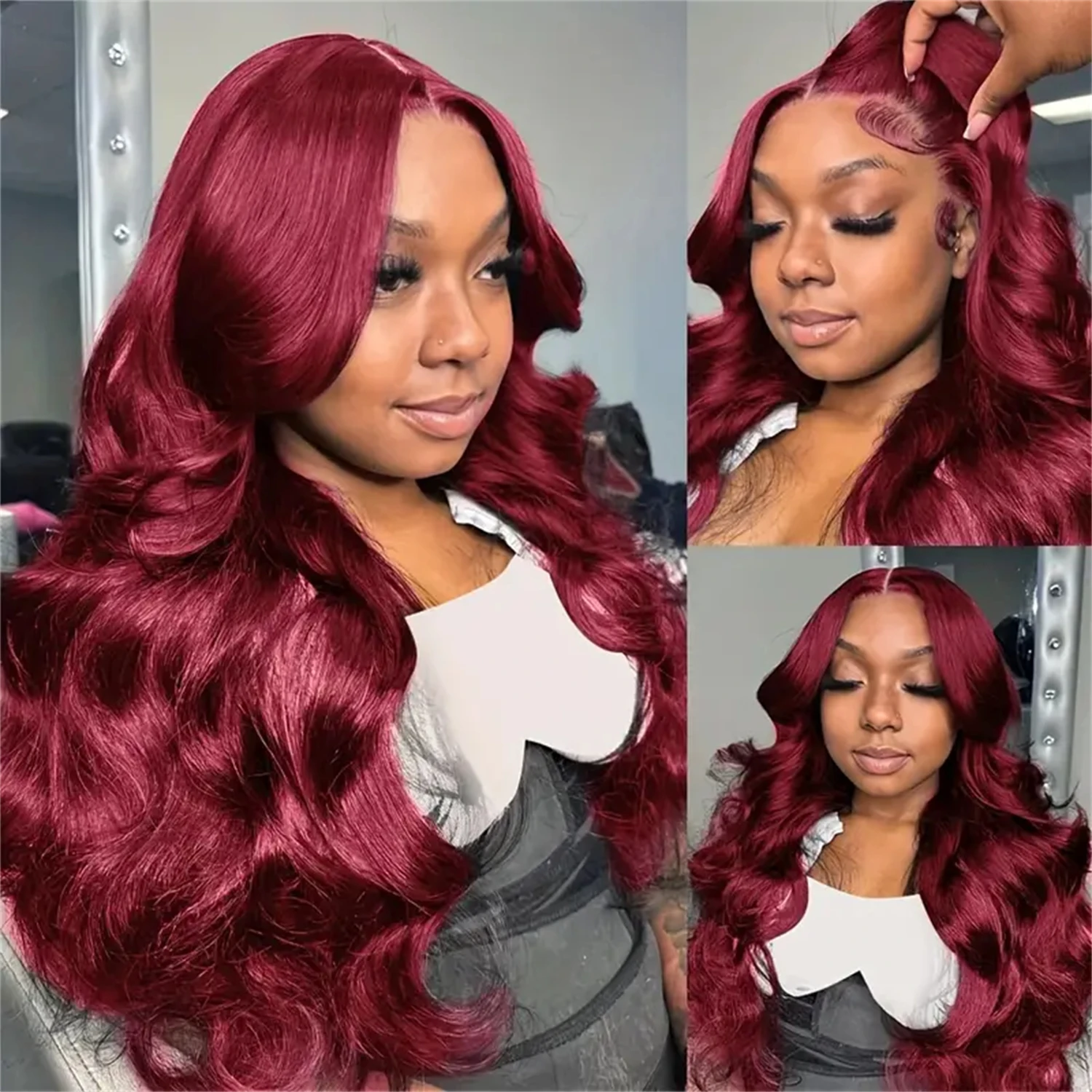 34-calowe peruki z kręconymi włosami typu Body Wave 100% peruki z ludzkich włosów Ladies 99J Red Burgundy 13x4 13x6 Transparent Lace Front Human Hair Wig