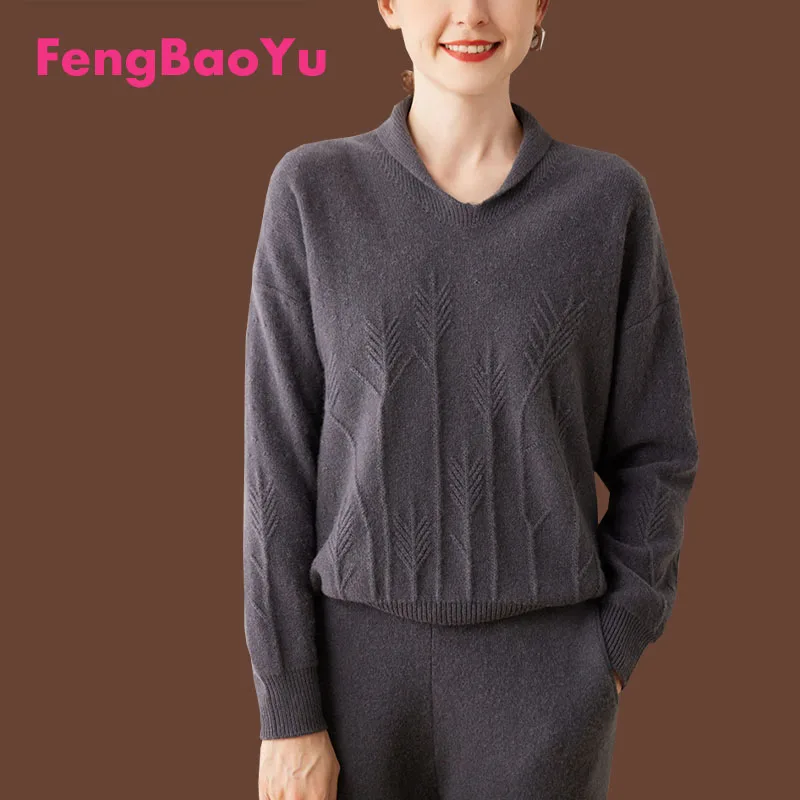 Fengbaoyu Autumn and Winter Ladies Cashmere Sweater POLO Half Open Neck Loose Thick Cashmere Knit Sweater with Long Sleeve Top