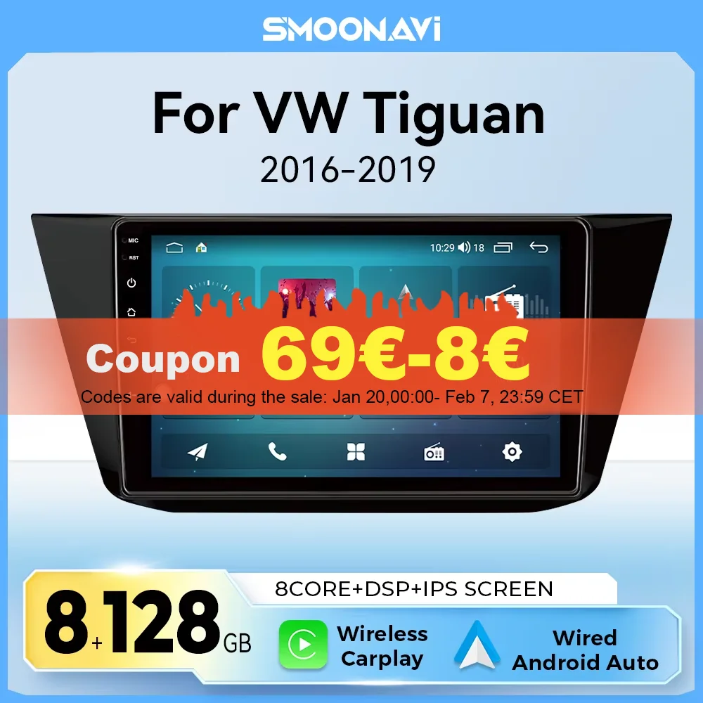 8GB+128GB For Volkswagen Tiguan 2 Mk 2016 2017 2018 2019 Car Radio Multimedia Video Player Android 12 Navigation GPS WiFi 4G LTE