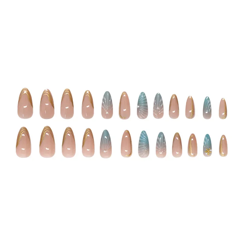 24 szt. Naklejane paznokcie migdałki, gradientowe niebieskie tipsy, paznokcie 3D z muszelkami, rozgwiazdami i perłami, sztuczne paznokcie średniej długości do naklejania dla dziewcząt.