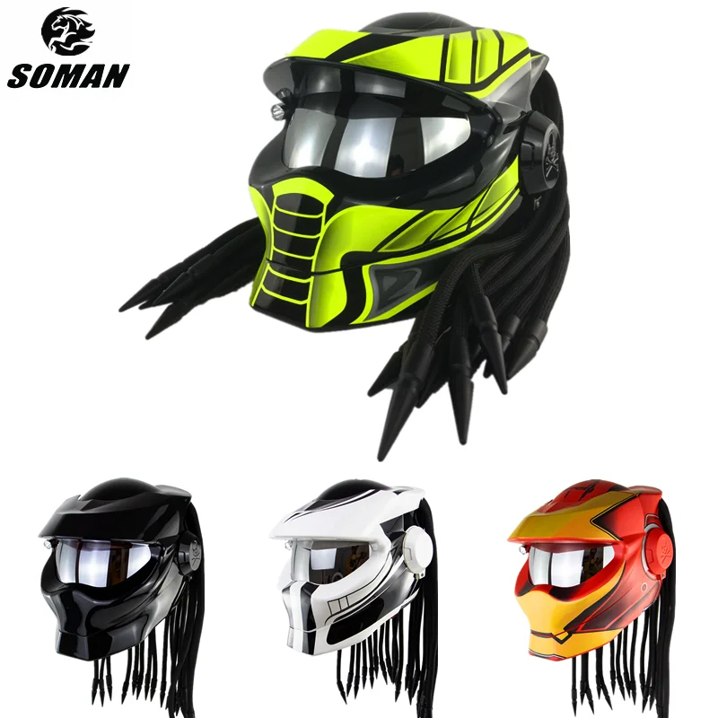 

SOMAN Cool Predator Helmet Iron Warrior Retro Moto Full Face Motorcycle Black Braid Cascos SM958