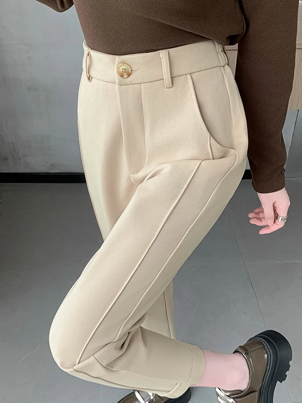 Pantalones Harlan de pierna recta de cintura alta de lana de Color puro Otoño Invierno pantalones casuales sueltos adelgazantes de nueve tubos para mujeres de talla grande