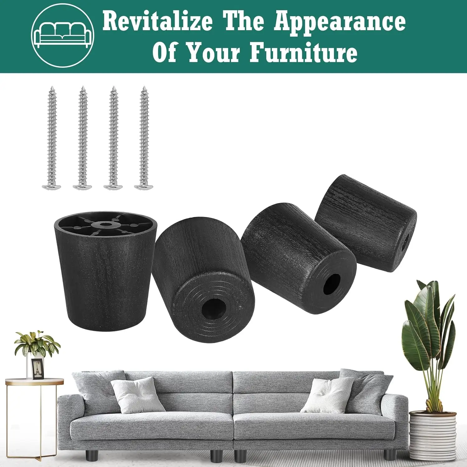 أرجل أثاث بلاستيكية سوداء مقاس 2 بوصة، أرجل أريكة مدببة مستديرة، أرجل بديلة لأريكة طاولة الأريكة والأثاث