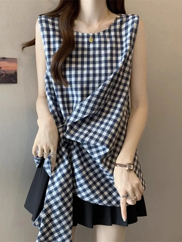 Azul a cuadros Svel irt mujeres de gran tamaño novedad de verano Sle cintura acanalada chaleco con cinturón Top coreano Sle ajuste suelto