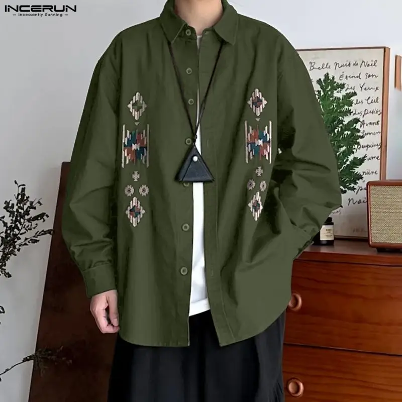 

Мужская рубашка INCERUN с принтом, отложным воротником, длинным рукавом, на пуговицах, свободного кроя, повседневная, в корейском стиле, модная верхняя одежда для мужчин