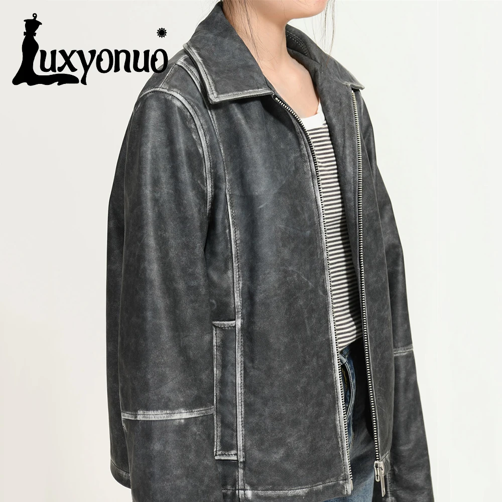 Luxyonuo Sheepskin Coat for Women 2024 Fall New Arrival High Quality Real Leather Jacket Ladies Casual Loose Style Coats Female