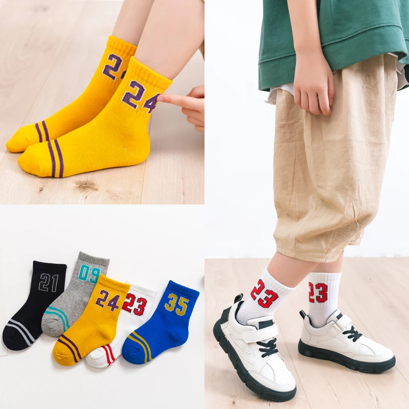 

Children's Sports Tube Socks Boys Cotton Spring Autumn Sweat Socks Primary School Students Digital Tide Socks 2-12 Years