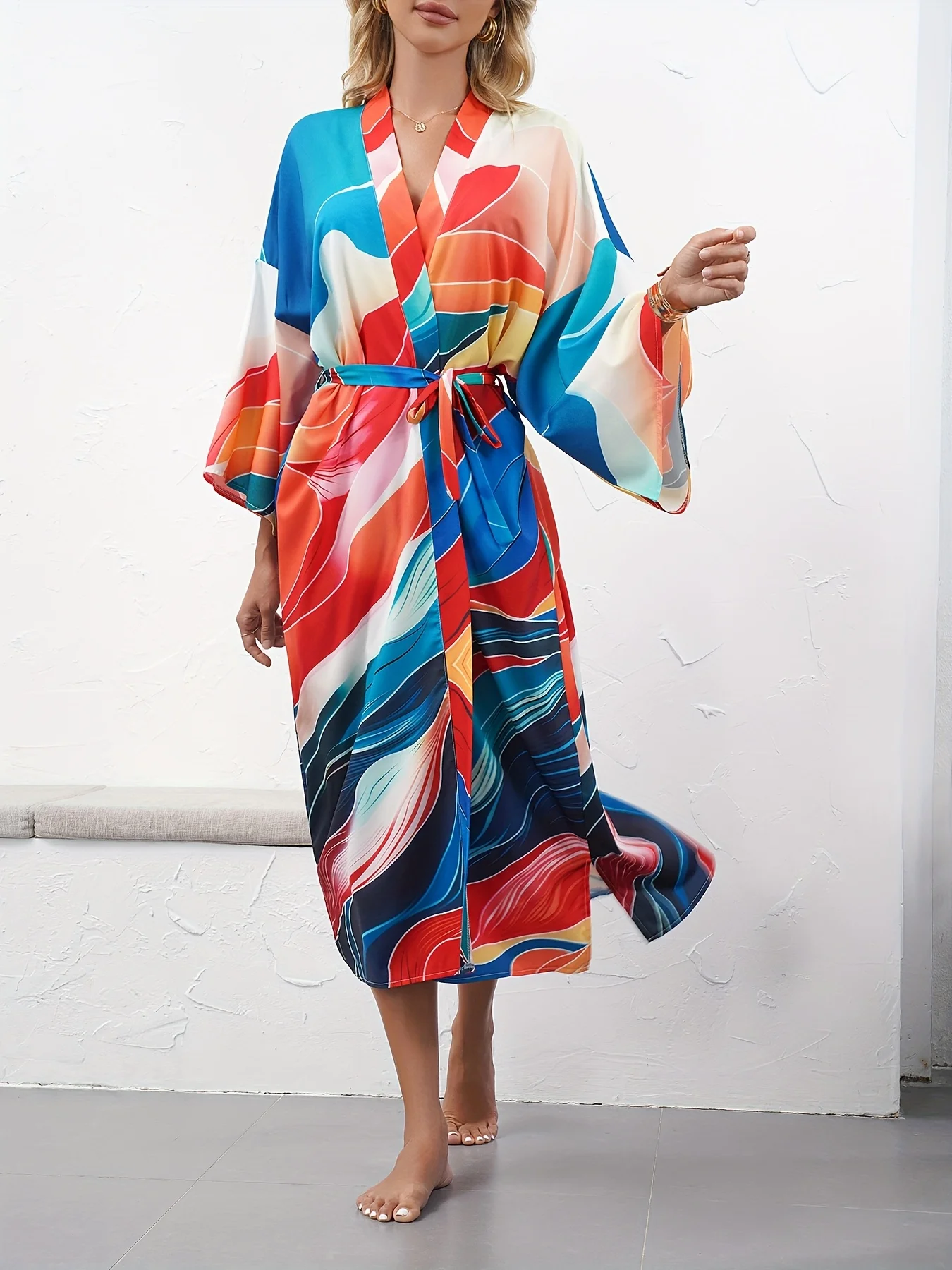 

Women's Casual Beach Resort Style Loose-Fit Printed Bikini Swimsuit with Belted Straps and Long-Sleeved Cover-Up