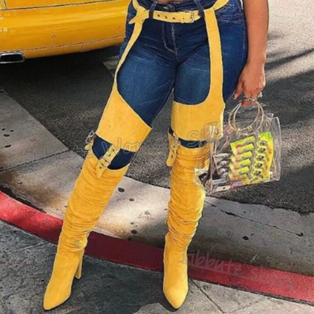 Suede Belt Buckle Boots Above The Knee Solid Color Pointy Chunky Heels Zipper Novelty Sexy Fashion Spicy Girls Shoes New Luxury