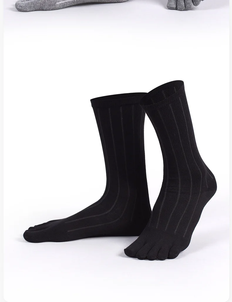 1/5 Paar Herren Baumwoll-Sportsocken in Schwarz und Grau, Einfarbig mit Streifen, Schweißableitend, Elastisch, Hohe Fünf-Finger-Radsocken – Detail 8