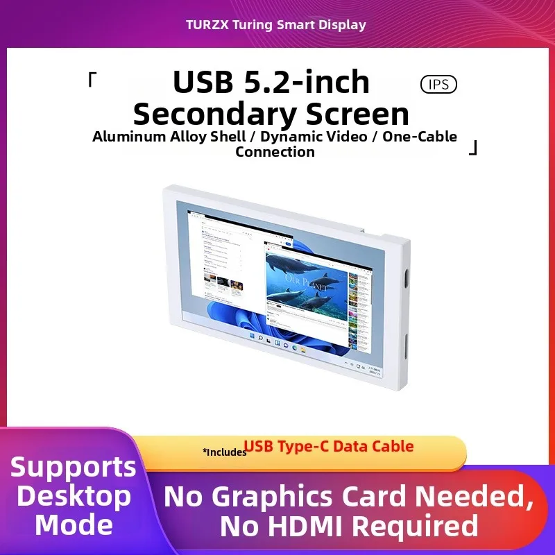 TURZX Turing Smart Display 5.2 Inch Type-C USB Portable IPS Full Perspective LCD Chassis Secondary Monitoring Screen