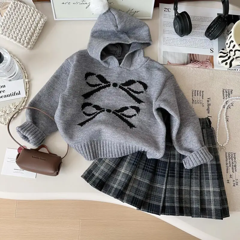 

Комплект из двух предметов для девочек, осенне-зимний свитер с капюшоном, корейская версия, для отдыха, Kawaii, новая студенческая модная юбка, детская одежда