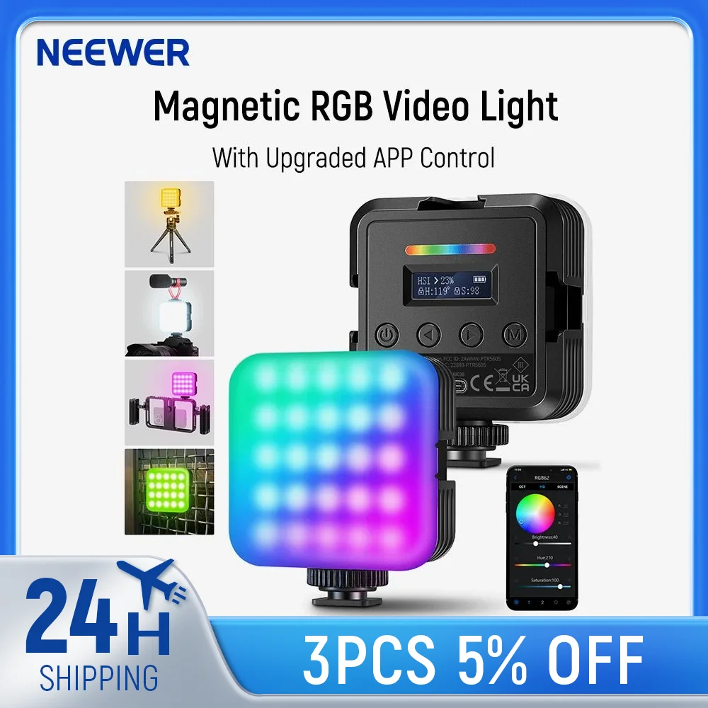 NEEWER RGB62 Magnetic RGB Video Light with  APP Control 360° Full Color LED Camera Light with 3 Cold Shoes Photography Lighting 