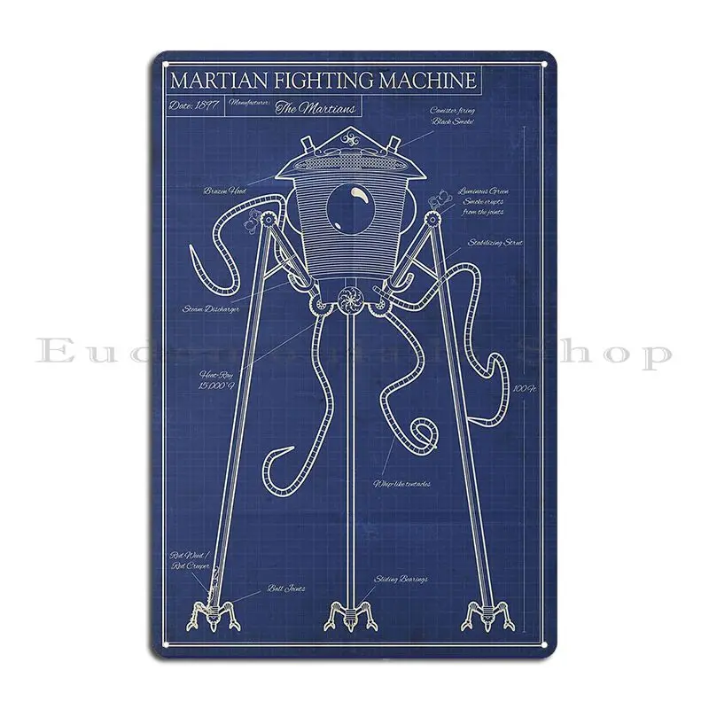 War Of The Worlds Martian Tripod Blueprint Metal Plaque Poster Pub Personalized Club Club Party Tin Sign Poster