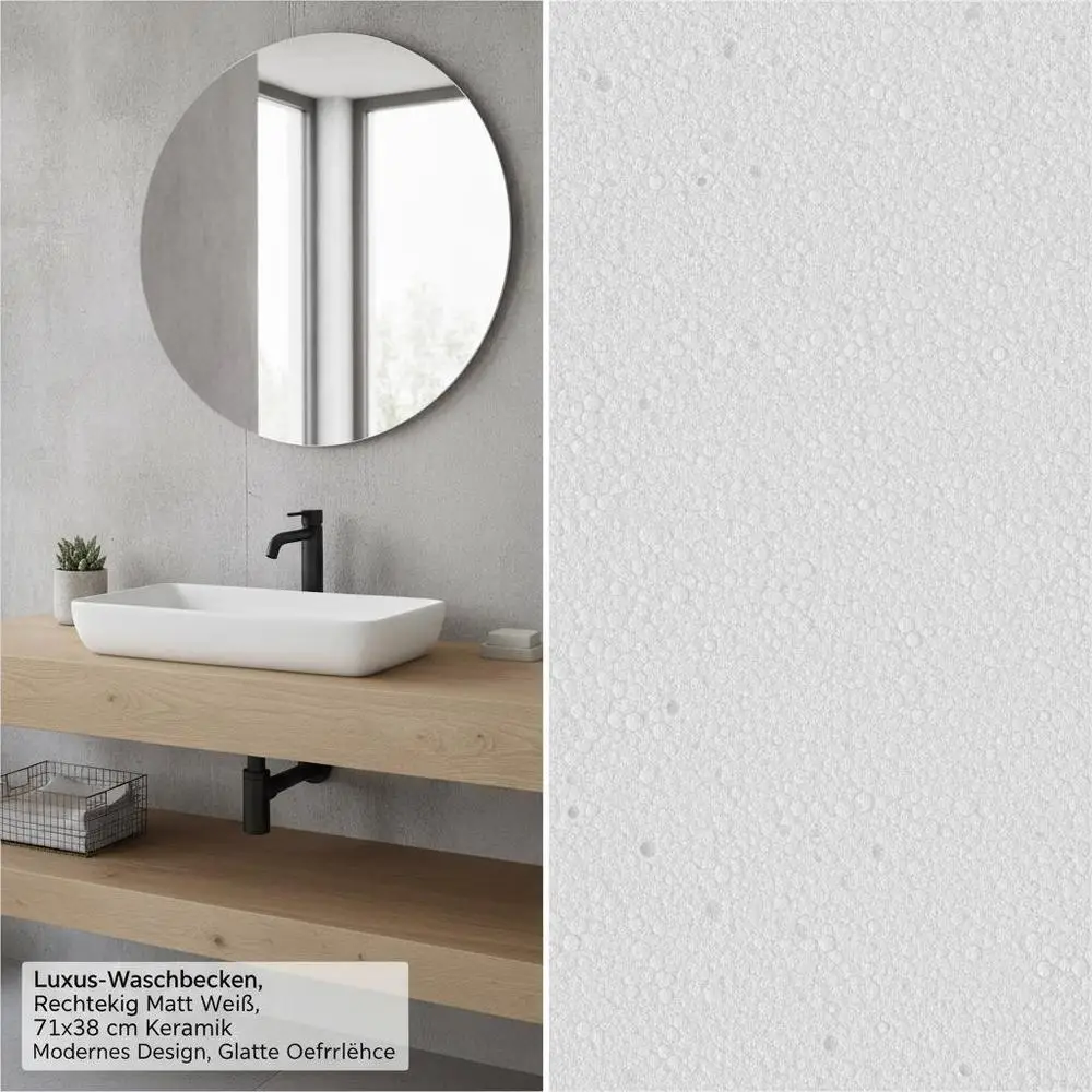 Afbeelding 5: Luxe rechthoekige wastafel, mat wit, 71x38 cm, keramiek