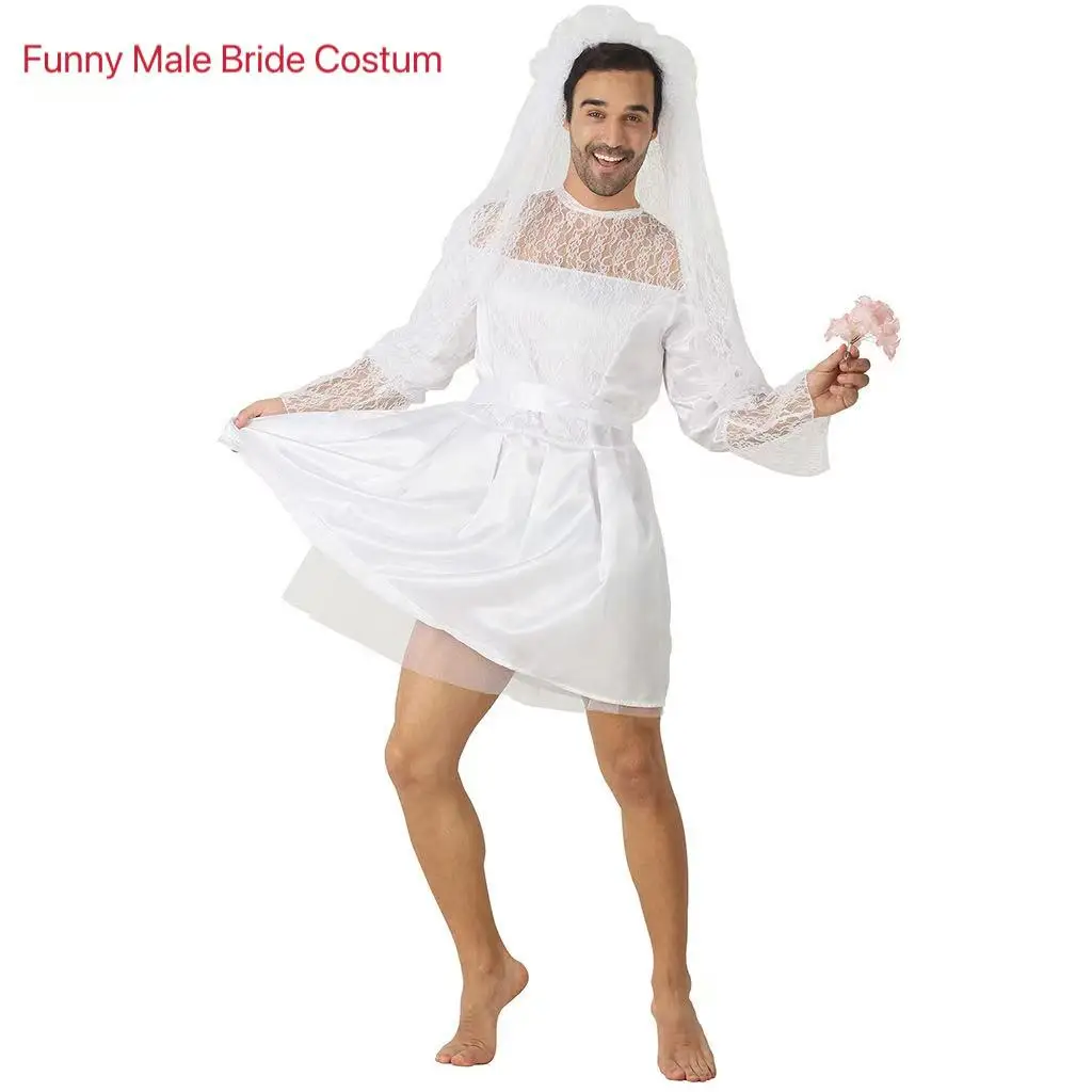

Funny Male Bride Cosplay Costume for Halloween Wedding Party Beach Event Decorations Spoof Carnival Stage Performance Dress Gift