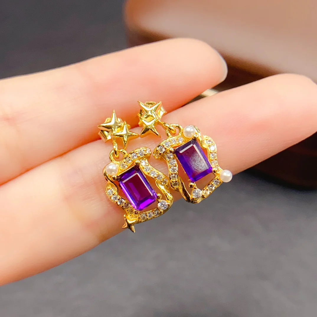 4*6mm 천연 자수정 귀걸이 S925 스털링 실버 인증서 고급 패션 참 웨딩 주얼리 여성용 FS