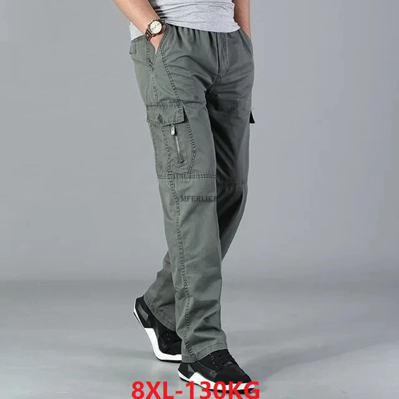 

plus size 8XL 140kg spring men cargo pants cotton pockets zipper out door casual Labor protection straight pants trousers