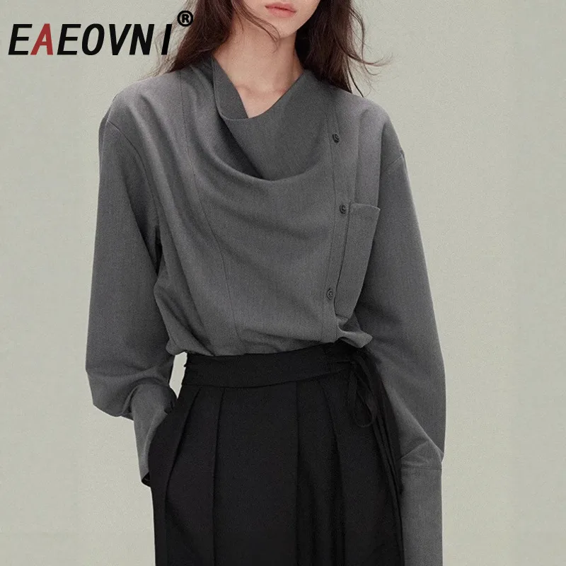 

EAEOVNI Irregular Design Women's Shirt Solid Color Folds Button Spliced Split Long Sleeve Loose Blouse Tops Fashion 2025 New