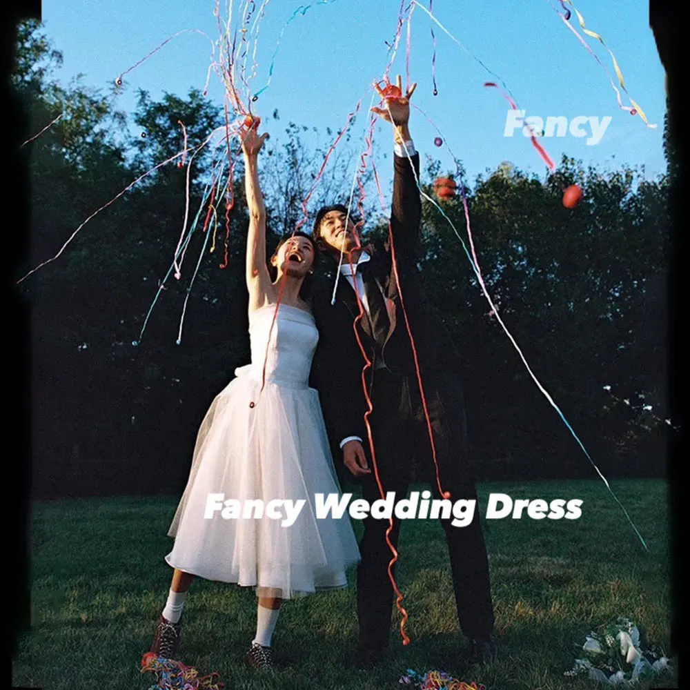 

Fancy Simple Korea Strapless Wedding Dress Photo Shoot A Line Soft Tulle Bridal Gown Tea Length Back Corset Customized