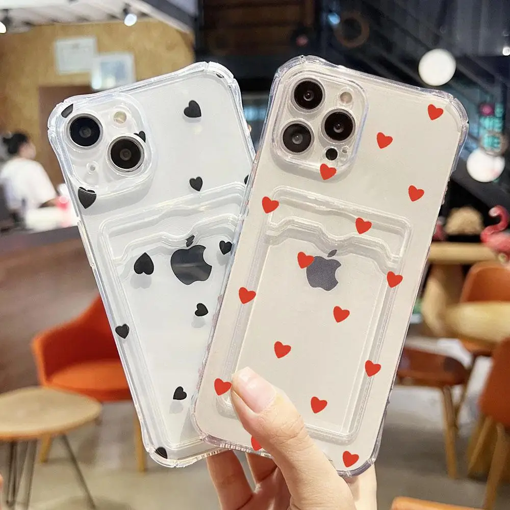 Clear Love Heart Daisy Print Card Bag Phone Case for Iphone 16 Pro Max 11 12 13 14 15 Pro Max 16 Plus 7 8 X XS XR XS Soft Cover