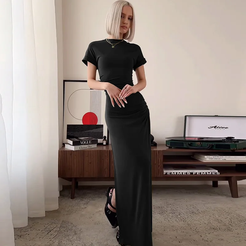 

Black fashion solid color short-sleeved long slim street style versatile double-layer split-ended dress party sexy temperament e