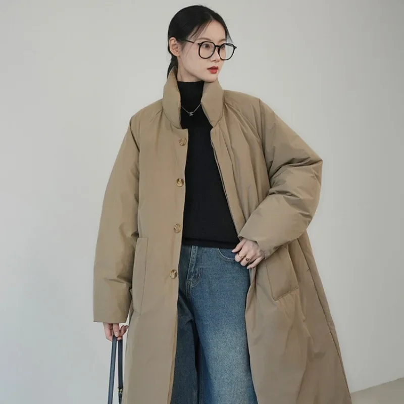 

Длинные стильные женские парки цвета хаки, ветрозащитная верхняя одежда, свободная утолщенная куртка на хлопковой подкладке, модное однобортное пальто с большими карманами