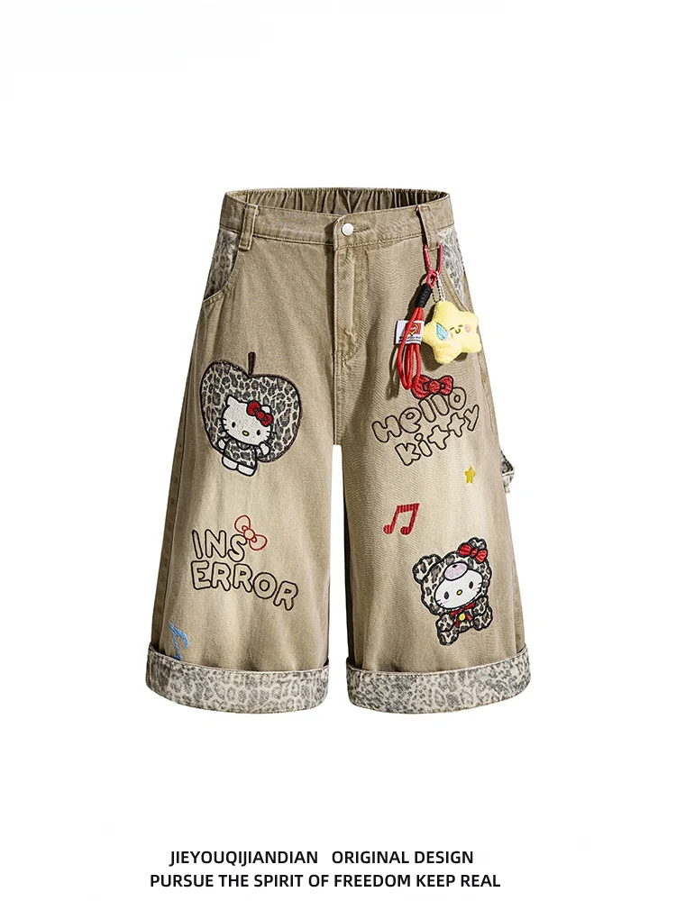 Calças Jeans com Bordado de Letras em Estilo Americano Retrô, Largas e Soltas, Moda de Verão para Homens e Mulheres, Shorts d...