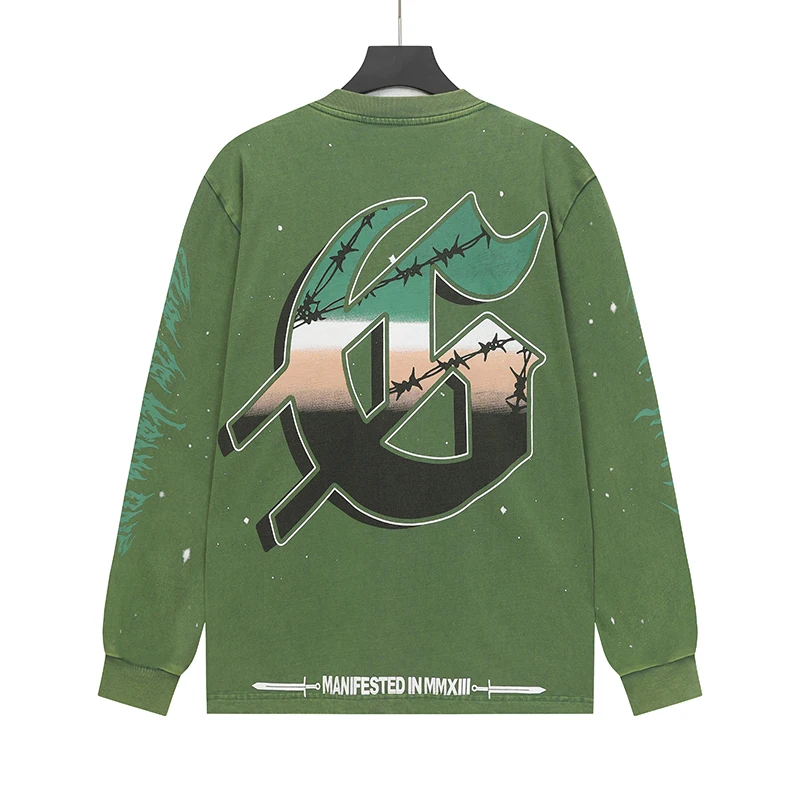 غسلها القطن Godspeed بأكمام طويلة تي شيرت كلاسيكي أسود أخضر هليكوبتر طباعة الأبيض النافثة للحبر الجولة الرقبة القمم Y2K ملابس للرجال #3