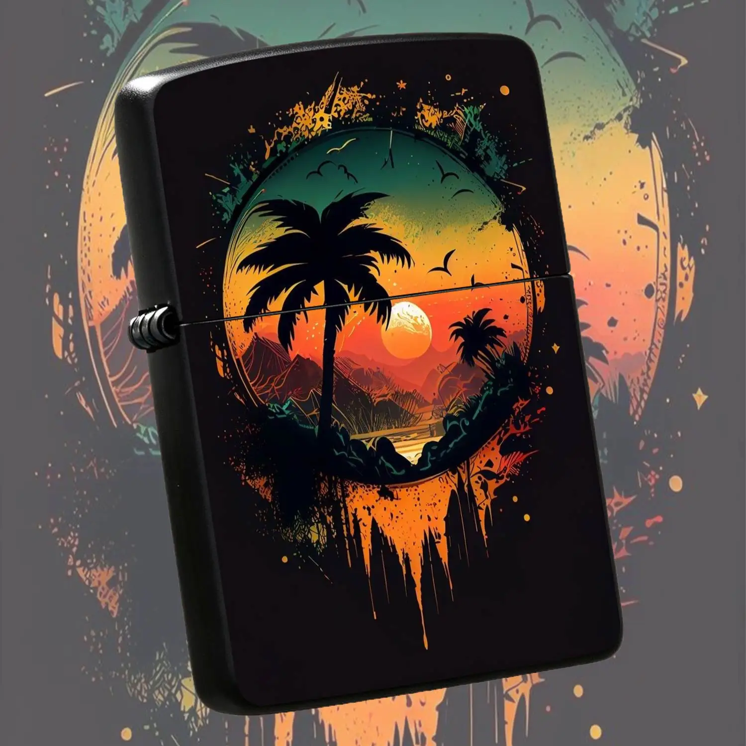 Tropical Sunset Palm Tree Themed Portable Igniter, Artistic Graffiti Style Decorative Item, Ideal For Daily Outings Outdoor Gatherings, Stylish Practical Gift Choice For Multiple Scenarios, Retro Contrast Color Design Boasts Both Aesthetic