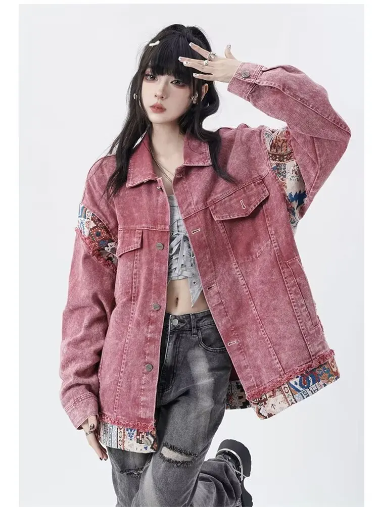 American Vintage Denim Jacket Women New Patchwork Pink Denim Coats Men Women Sweet Cool Autumn Casual Cowboy Coat Y2K Clothes