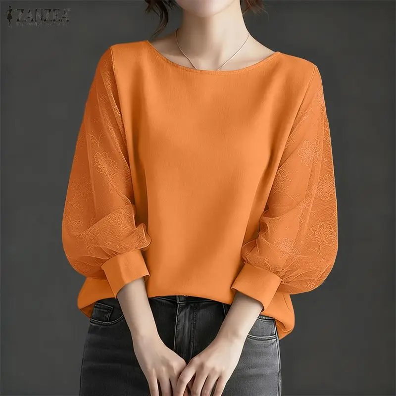 ZANZEA Bluzki damskie z szyfonu w kwiatowy wzór, z rękawami typu lampion, patchworkowe, codzienne bluzki z dekoltem w łódkę, wiosenno-letnie ubrania damskie, bluzki