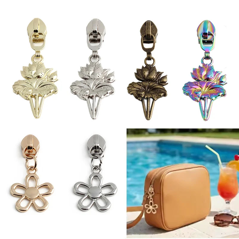 5PCS Floral Pattern Metal Zipper Slider Replaceable Clothing and Duvet Cover Zipper Pull Buckle Universal Repair Accessories