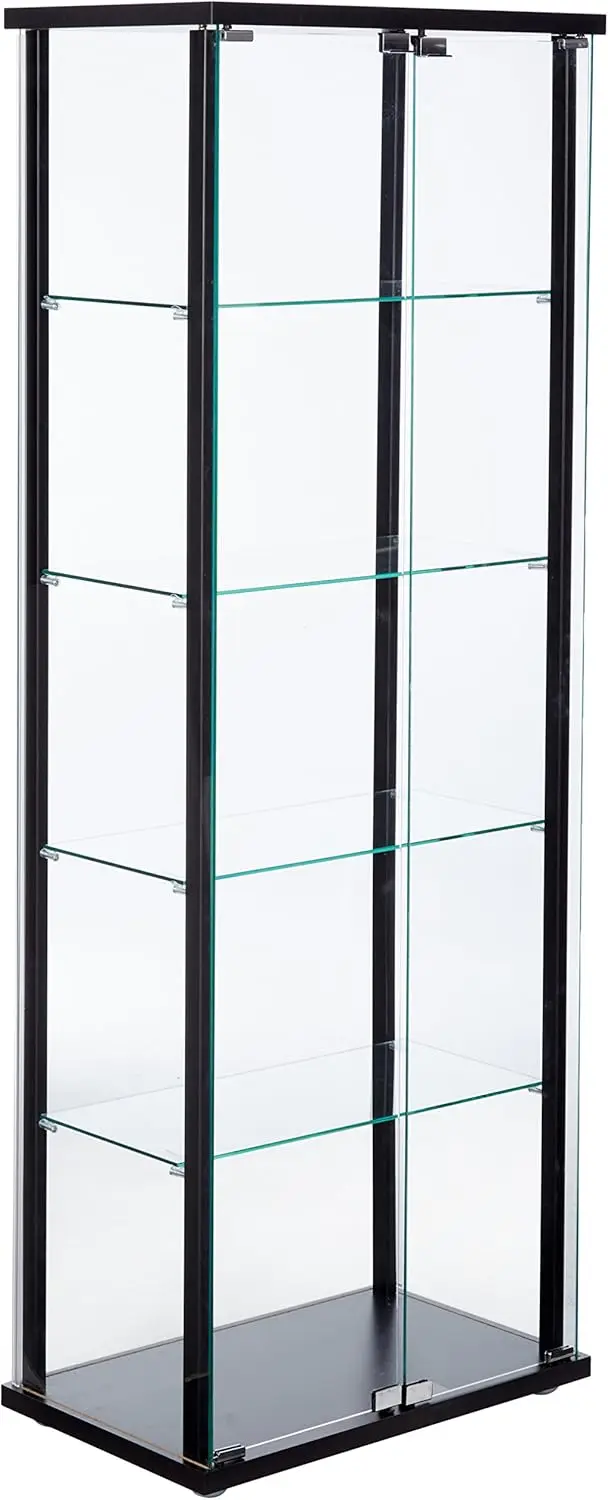 Furnishings Delphinium 64-inch 2-Door 5-Tier Clear Tempered Glass Curio Cabinet Display Case with Shelving Black