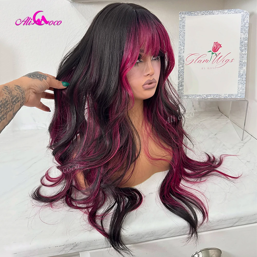 Highlights Pink with Bangs Invisible HD Drawstring Wig Pre-cut 200 Density Lace Front Body Wave Layered Glueless Human Hair - view 5