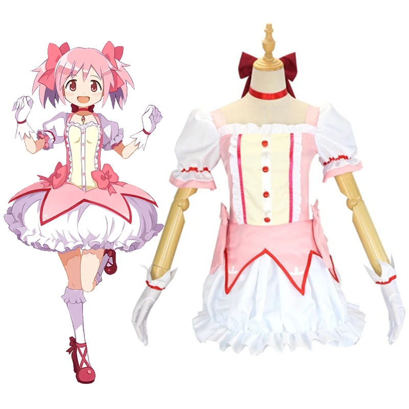 

Костюм для косплея аниме Puella Magi Madoka Magica, костюм на Хэллоуин с розовым париком для девочек, включая перчатки, белые кружевные носки