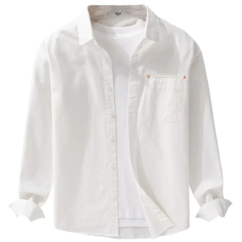 6131 Japan Fresh Style 100% Cotton Men\'s Casual Shirt Spring Fashion Solid Color Pocket Patchwork Long Sleeve Slim White Blouses
