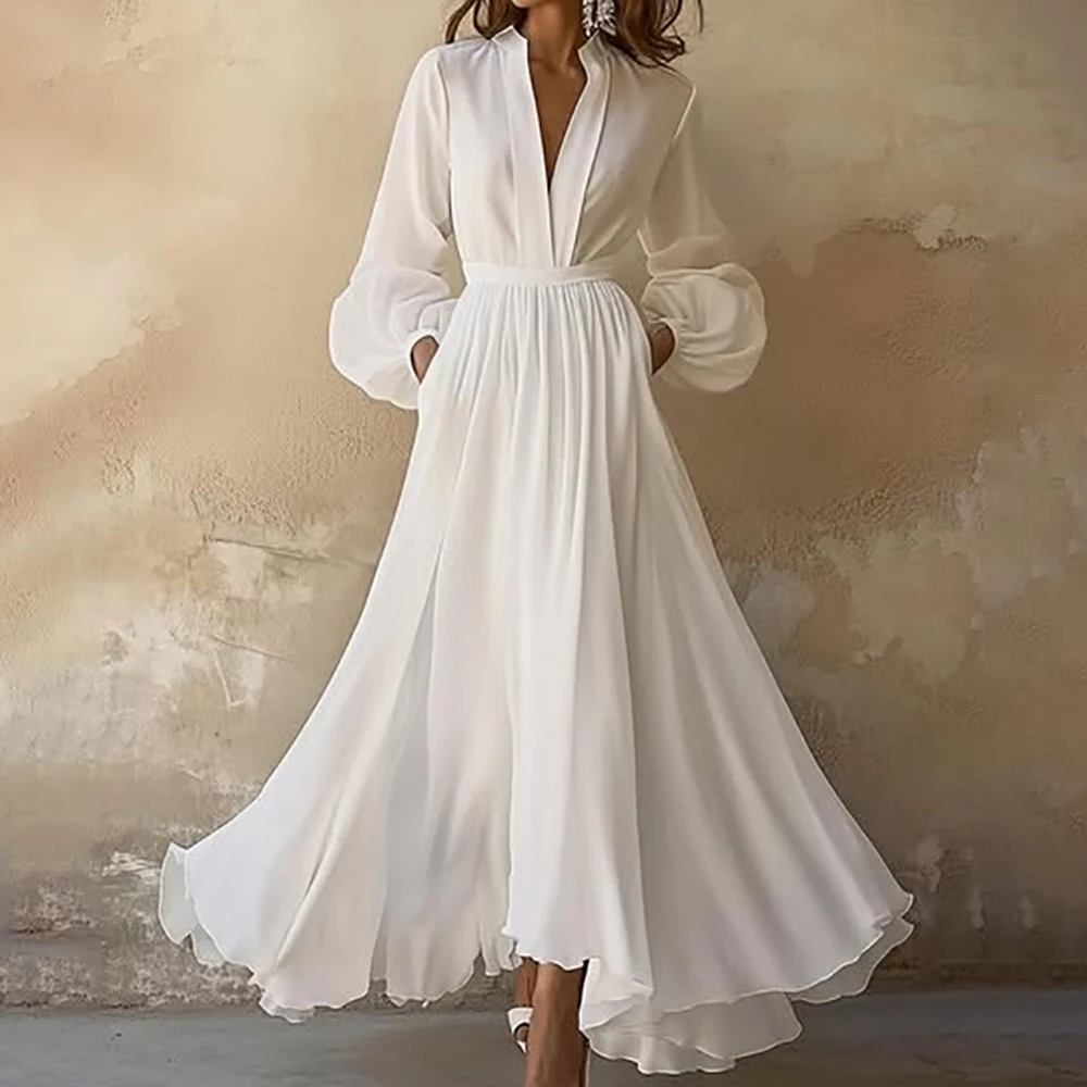 

Women's Elegant Ruched Maxi Dress Deep V Neck Lantern Sleeve High Waist Flowy Gown Formal Evening Party Wedding Female Dresses