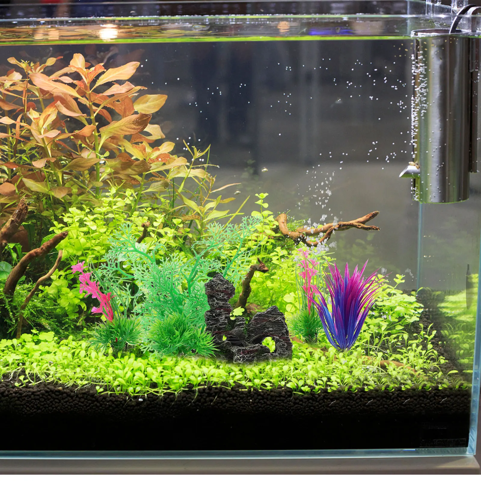 

1Set Fake Aquarium Plants Realistic Rockery Decor for Fish Tank Landscaping Ornaments Fadeless Plants Modeling Statues Vivid