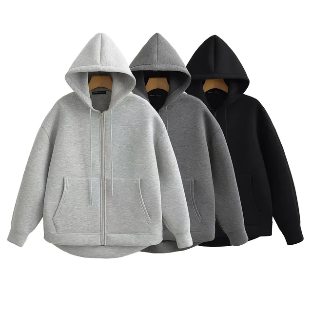 HH Autumn Women Casual Hooded Jacket Loose Oversize Zipper Hoodie Sweatshirts Solid Coat Office Lady Chic Outwear Tops 6