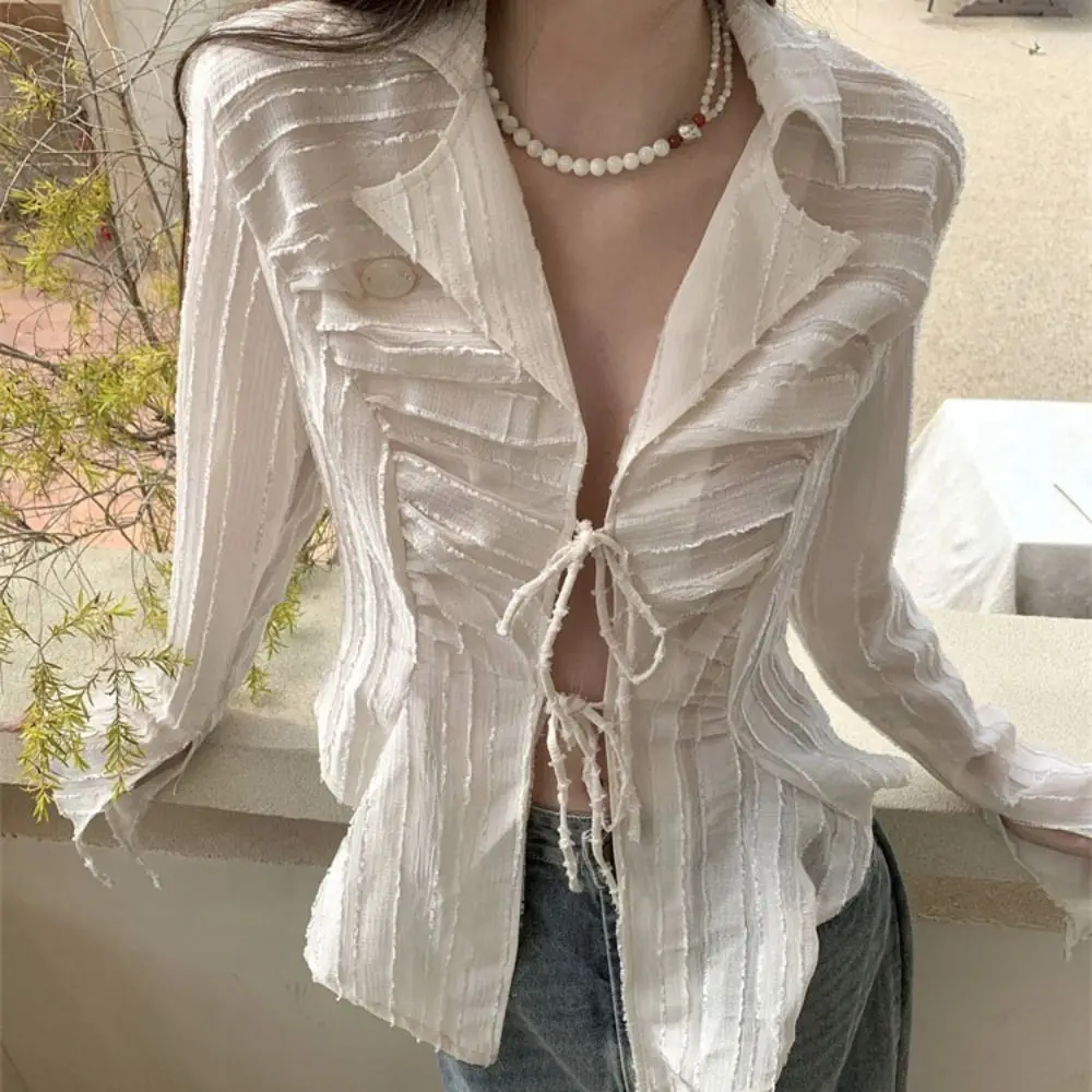 

Мягкая шифоновая солнцезащитная рубашка с v-образным вырезом, свободная бежевая рубашка на шнуровке, женская сетчатая блузка с рюшами, вечерние