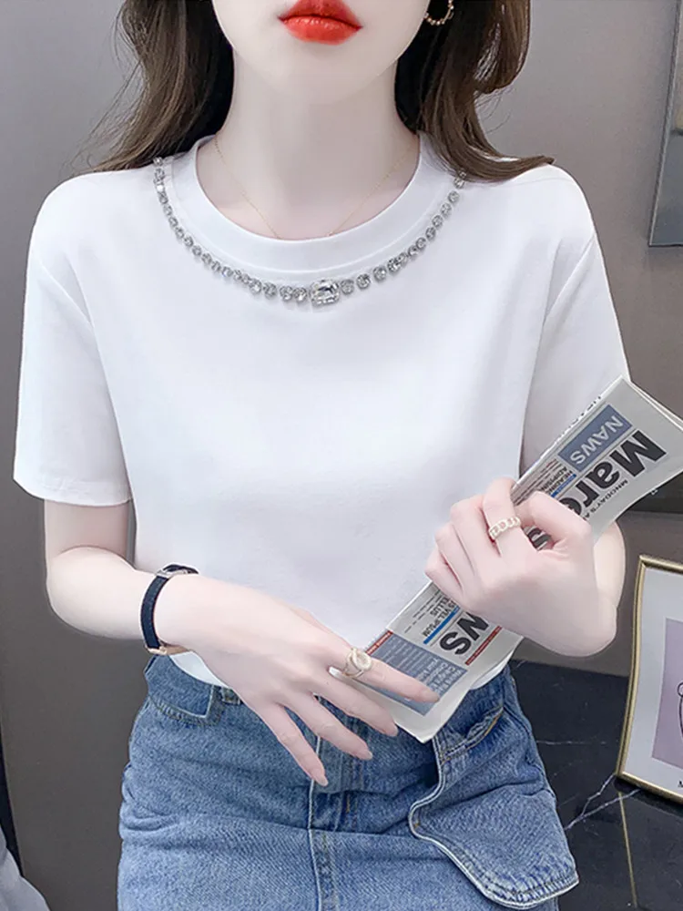 SMTHMA 2024 New Fashion Summer Luxury Diamond Slim T-Shirt Women's O-Neck Versatile Short Sleeve Top