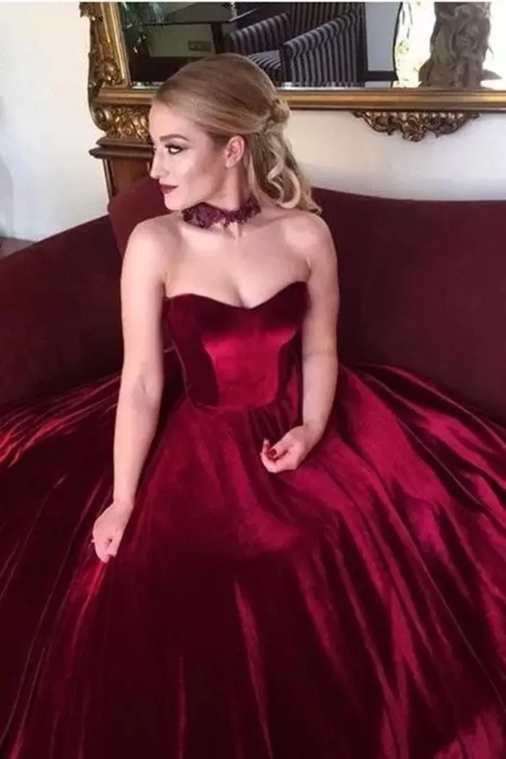 Gaun merah anggur beludru tanpa tali Prom Quinceanera gaun putri pinggang kerajaan pakaian malam pengiring pengantin gaun pesta Formal panjang Vestido